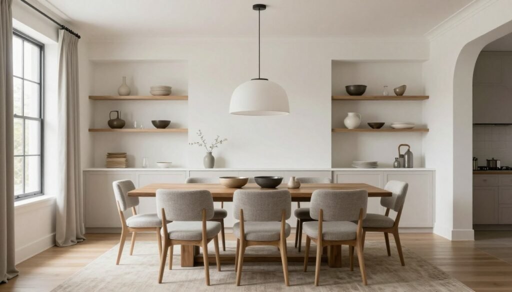 A modern farmhouse dining room showcasing a neutral color palette with subtle accents A modern farmhouse dining room showcasing a neutral color palette with subtle accents