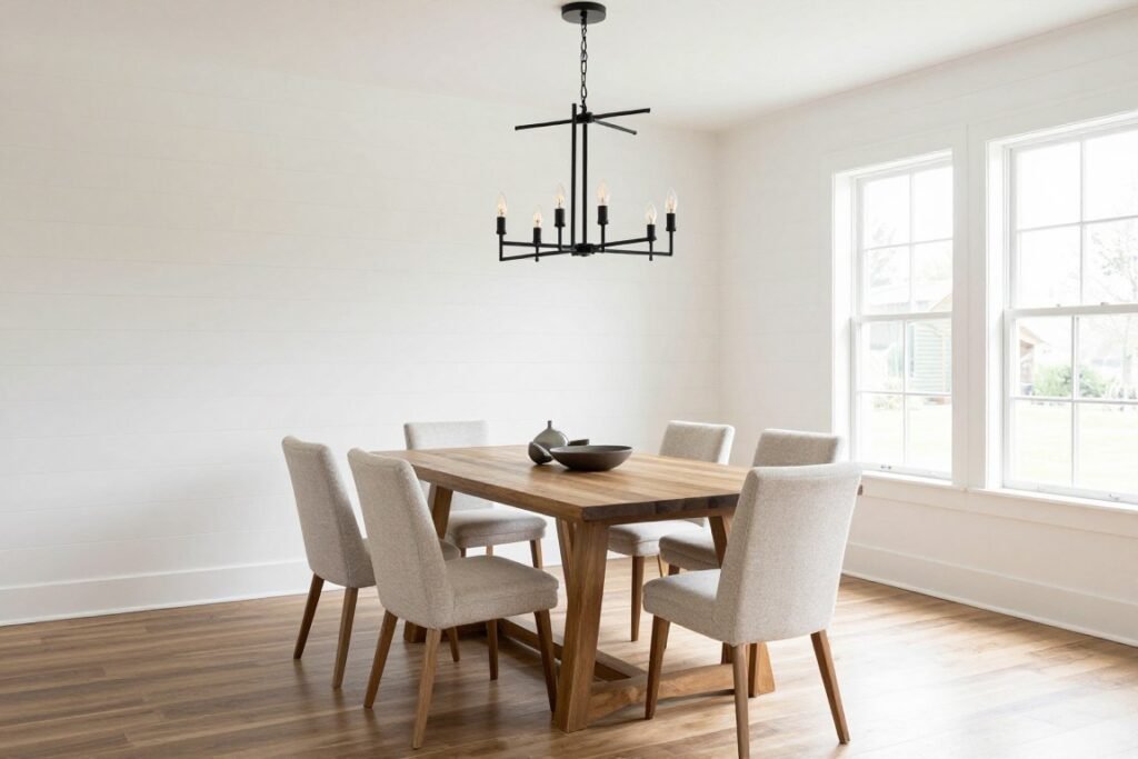 A modern farmhouse dining room with a large black metal chandelier over a wooden table A modern farmhouse dining room with a large black metal chandelier over a wooden table