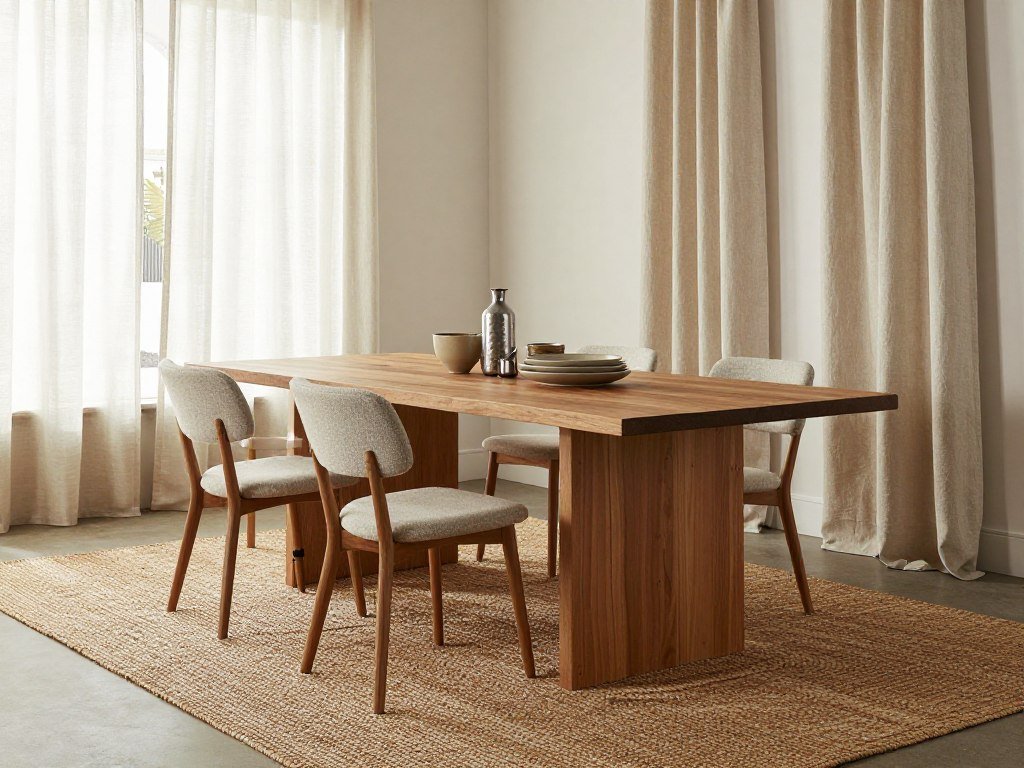 A modern farmhouse dining room with multiple textures including wood, metal, fabric, and ceramics A modern farmhouse dining room with multiple textures including wood, metal, fabric, and ceramics