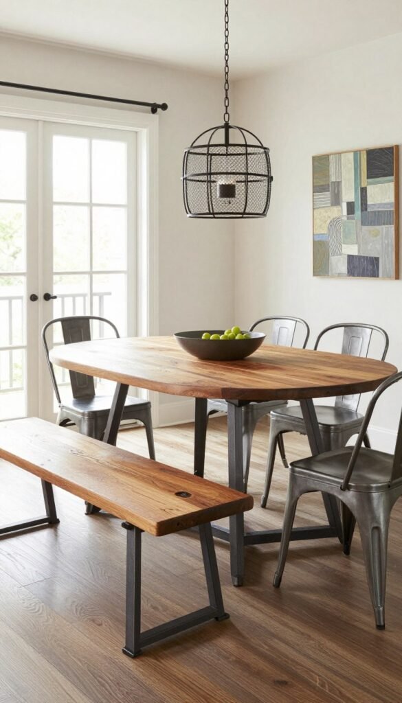 A modern farmhouse round dining set with mixed materials and rustic elements