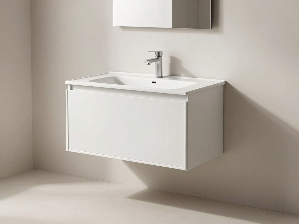 A modern floating small bathroom vanity with open space underneath