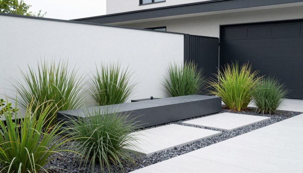 A modern front yard landscape with clean lines, ornamental grasses, and minimalist design