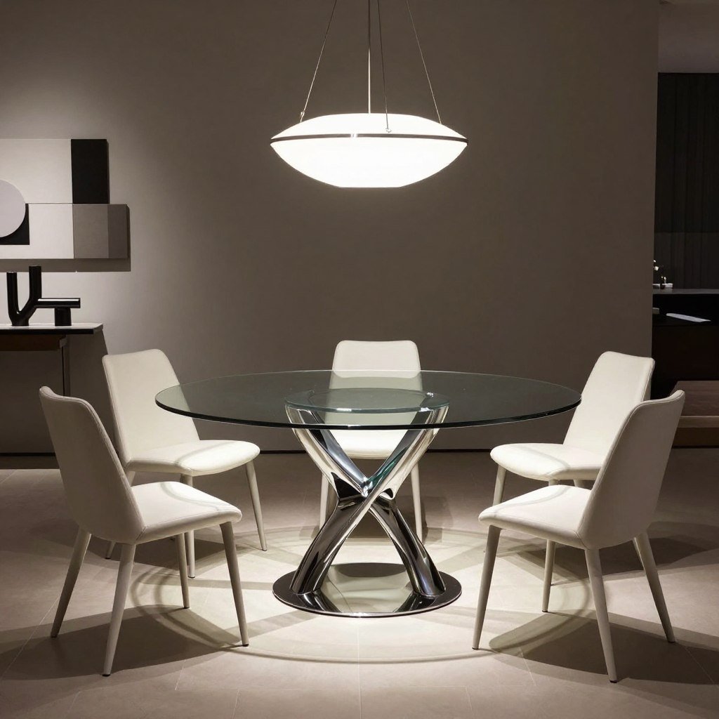 A modern glass circle dining table in a contemporary dining space