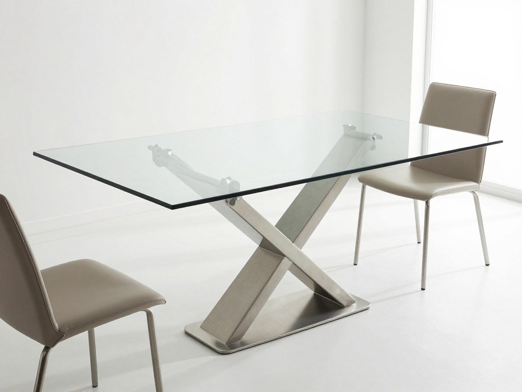 A modern glass dining room table with a sculptural base in a bright contemporary dining space