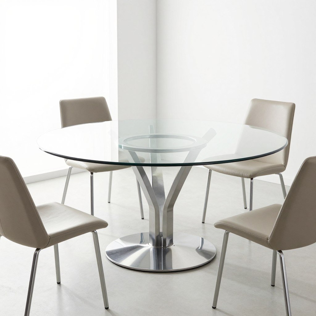 A modern glass round dining table with sleek metal base and contemporary chairs