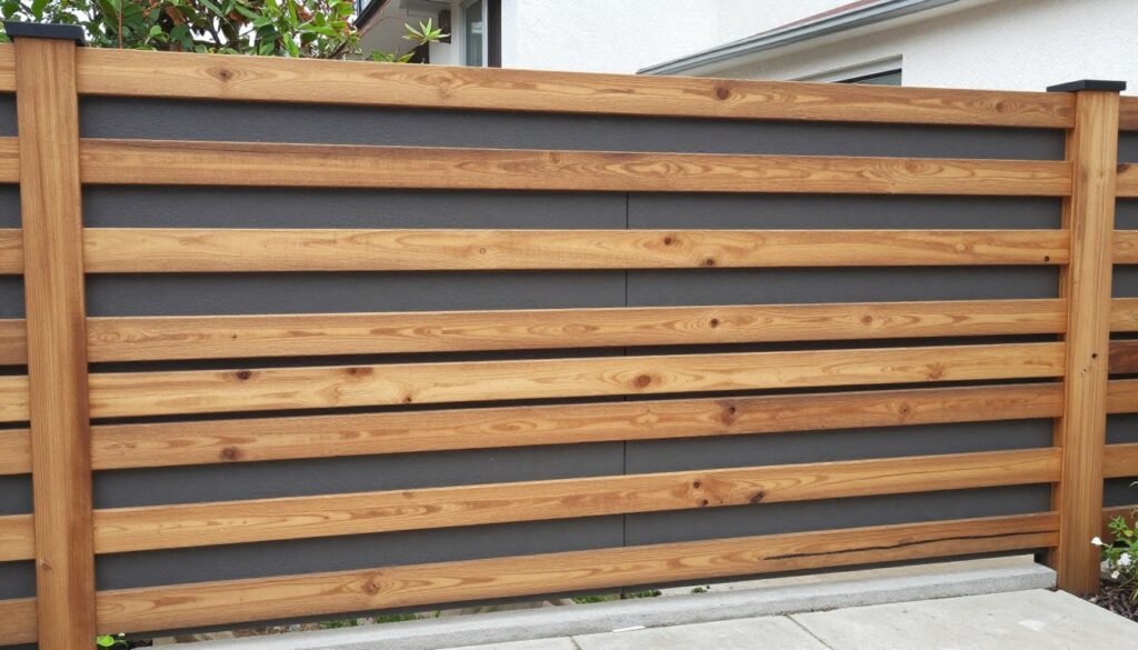 A modern horizontal slat wooden fence providing backyard privacy