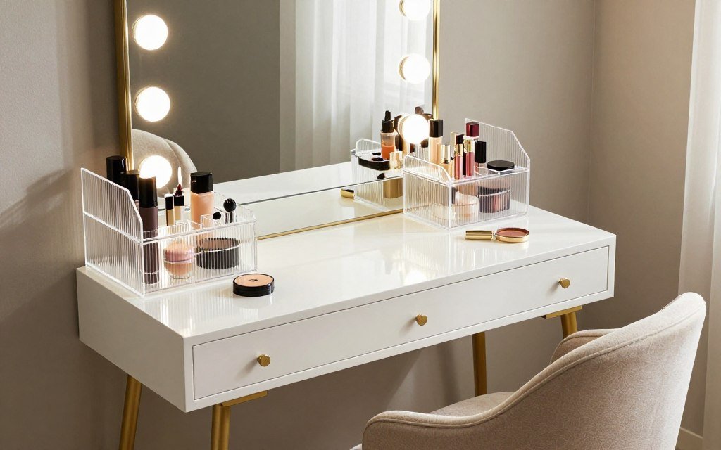 A modern interpretation of an antique vanity setup with contemporary makeup organization and lighting