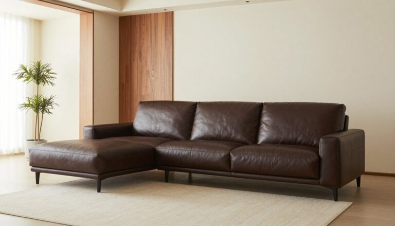 A modern living room with a dark brown leather sectional sofa, cream walls, and natural wood accents