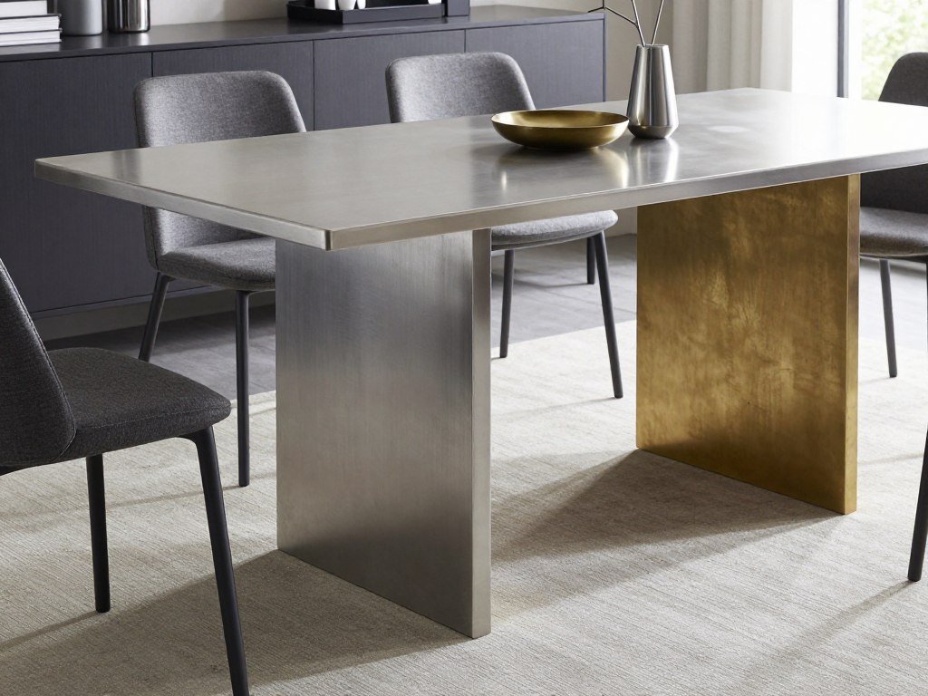 A modern metal dining table with sleek design in a contemporary urban dining space