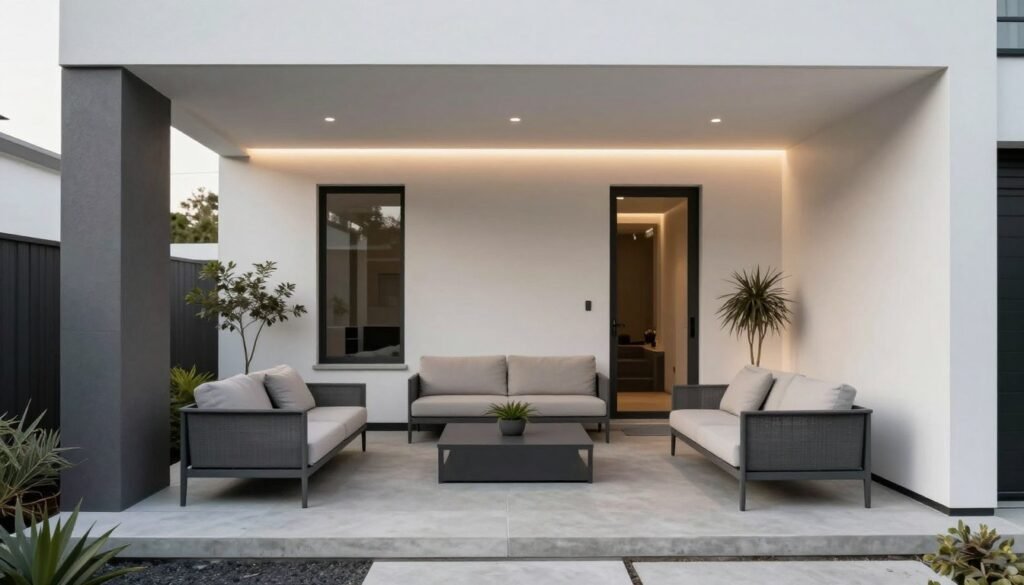 A modern minimalist front patio with clean lines, neutral colors, and strategic lighting