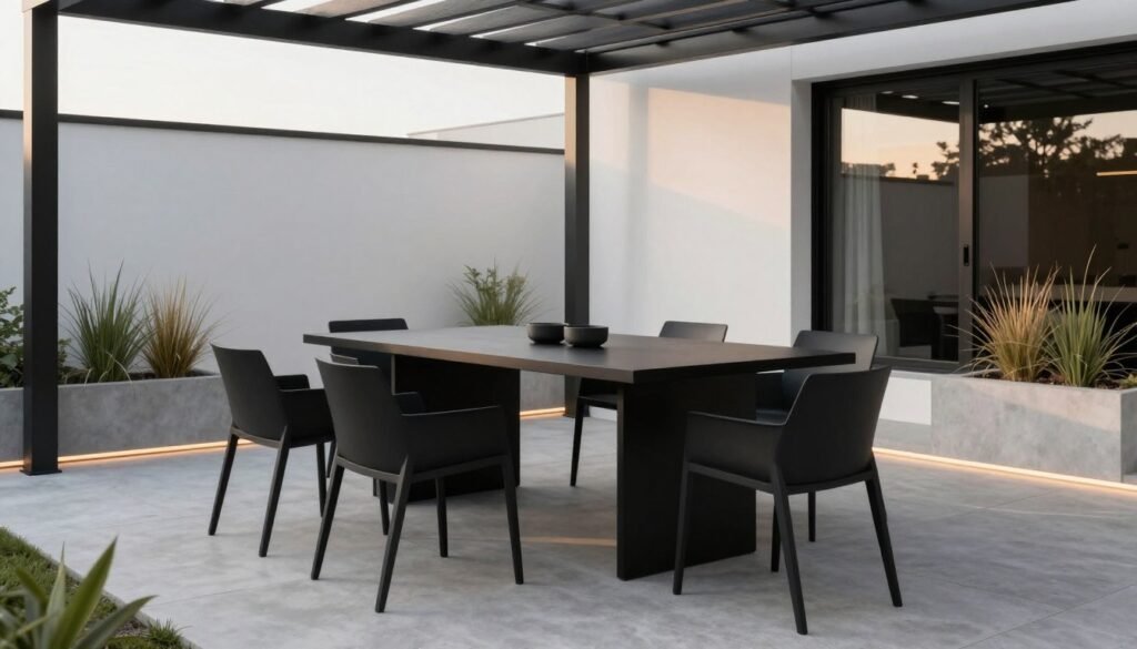 A modern minimalist outdoor dining area with sleek furniture and strategic lighting A modern minimalist outdoor dining area with sleek furniture and strategic lighting