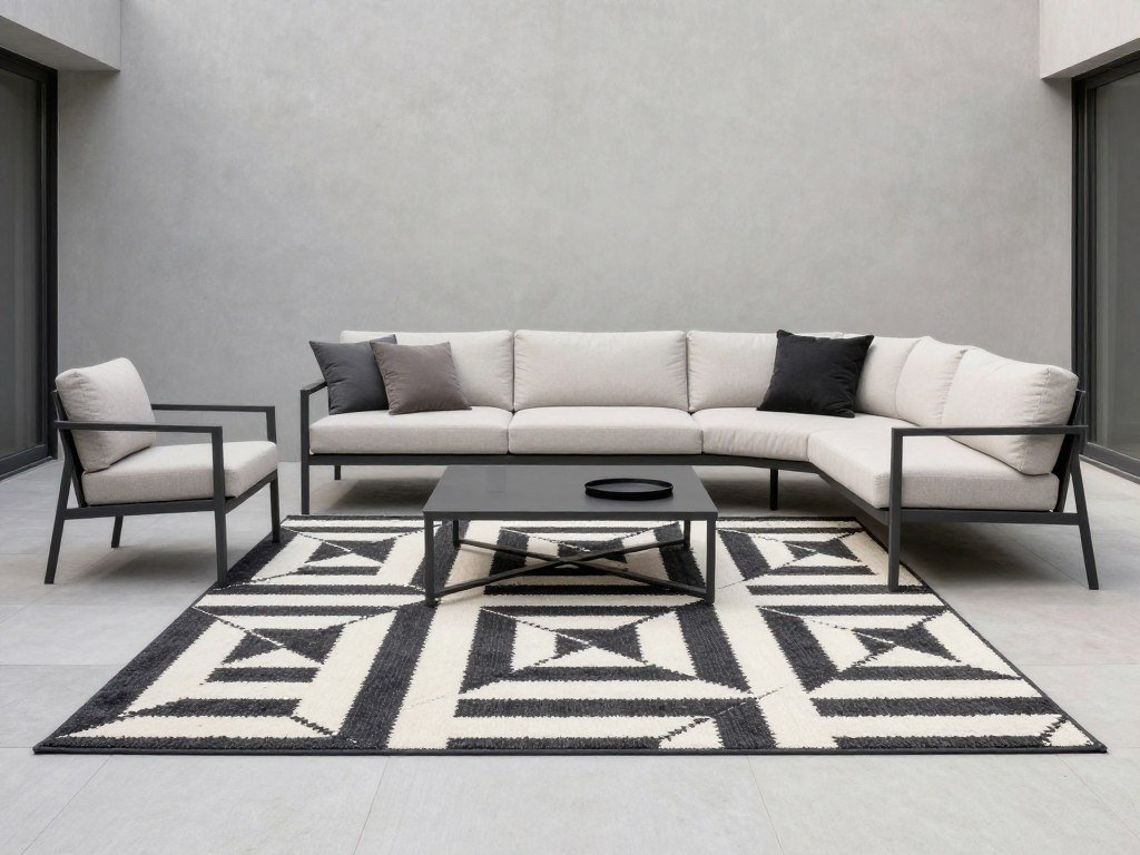 A modern minimalist patio with a geometric black and white outdoor rug, sleek furniture, and clean lines