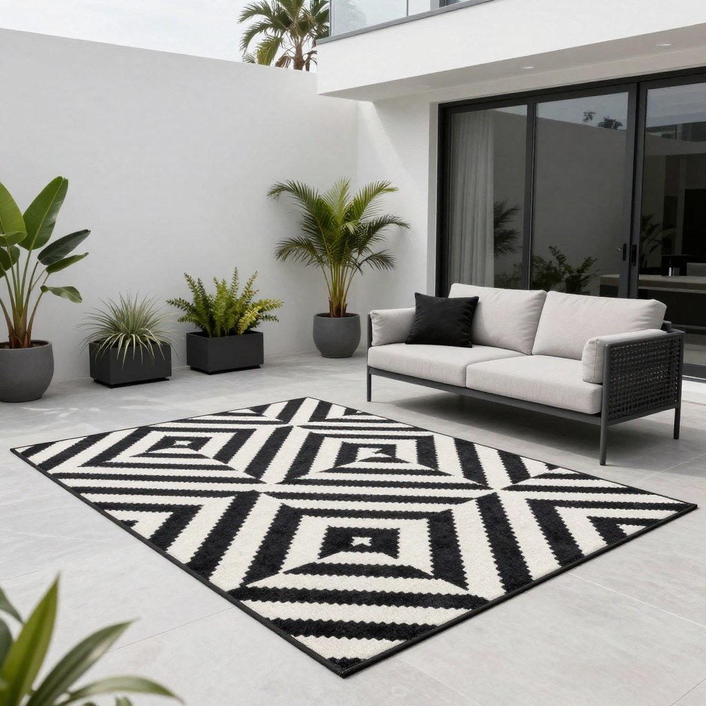 A modern minimalist patio with a geometric black and white outdoor rug