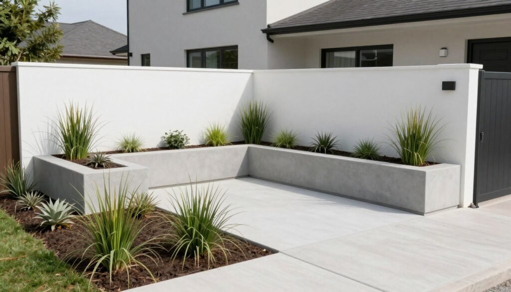 A modern minimalist small front yard with clean lines and geometric shapes