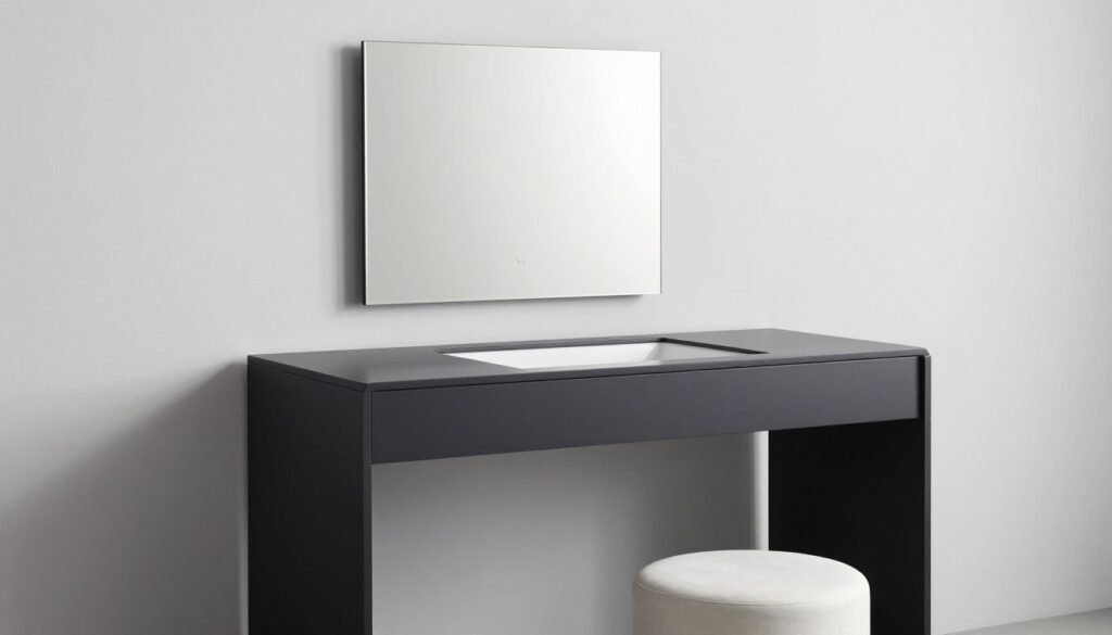 A modern minimalist vanity with clean lines, monochromatic color scheme, and sleek accessories