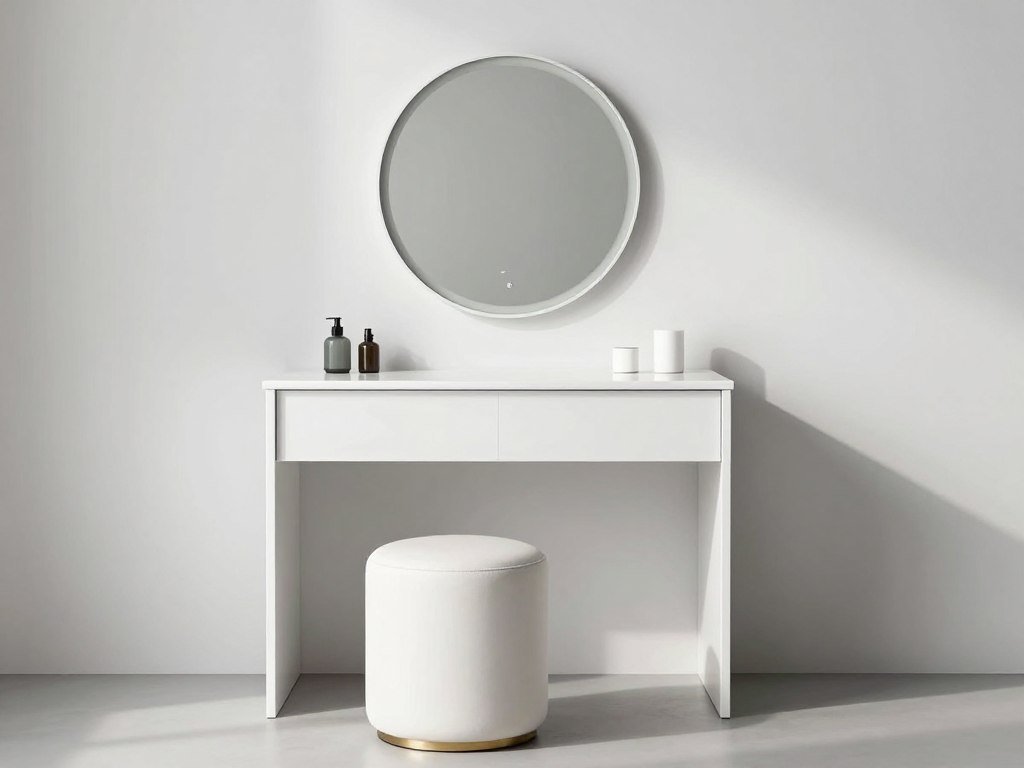 A modern minimalist white vanity with a simple round mirror and sleek stool