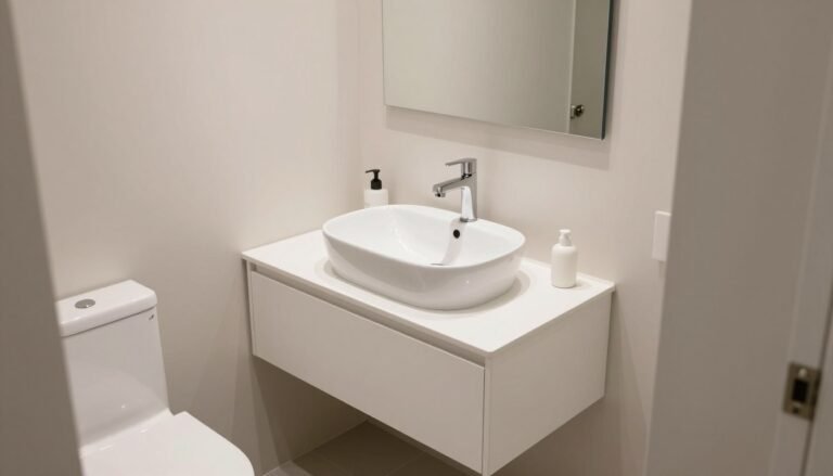 A modern small bathroom featuring a compact floating vanity with a vessel sink and minimal hardware in a bright, airy space