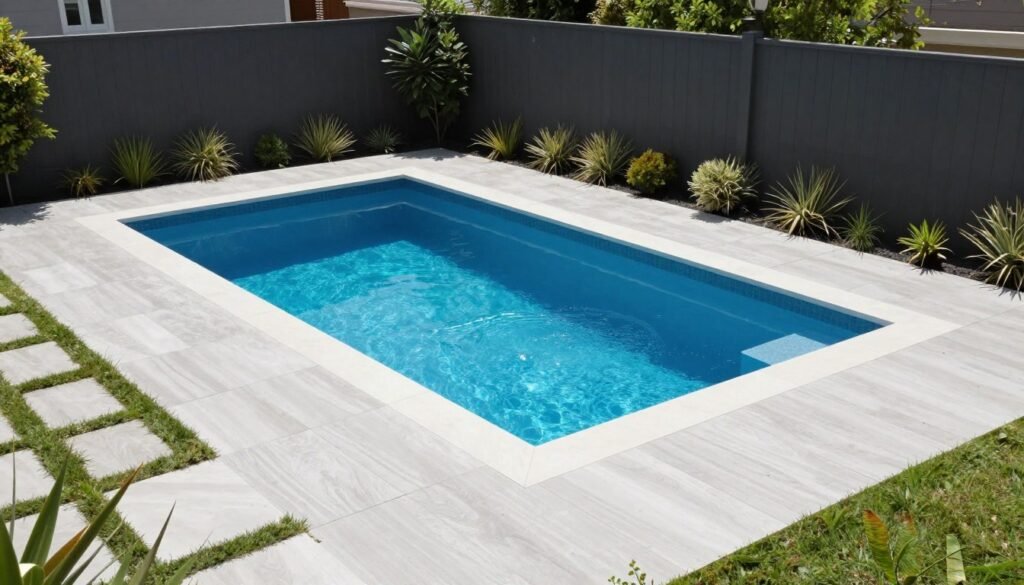 A modern small fiberglass pool with stylish decking in a compact backyard setting