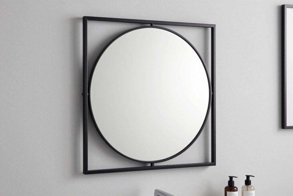 A modern vanity mirror with a sleek black metal frame in a contemporary setting
