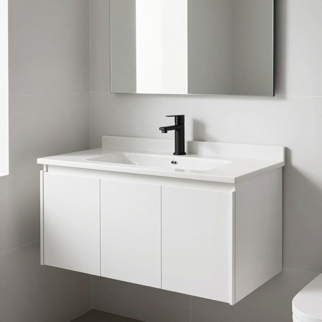 A modern white bathroom vanity with minimalist design and black hardware
