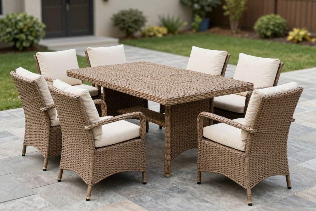 A modern wicker patio dining set with plush cushions on a stone patio A modern wicker patio dining set with plush cushions on a stone patio