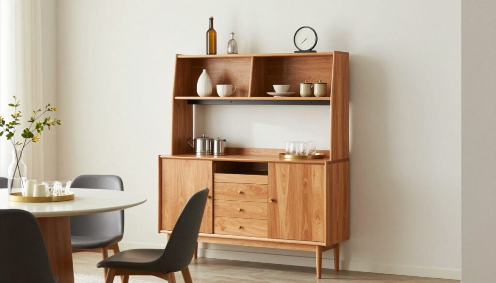 A multi-functional sideboard in a small dining area that provides storage and serving space