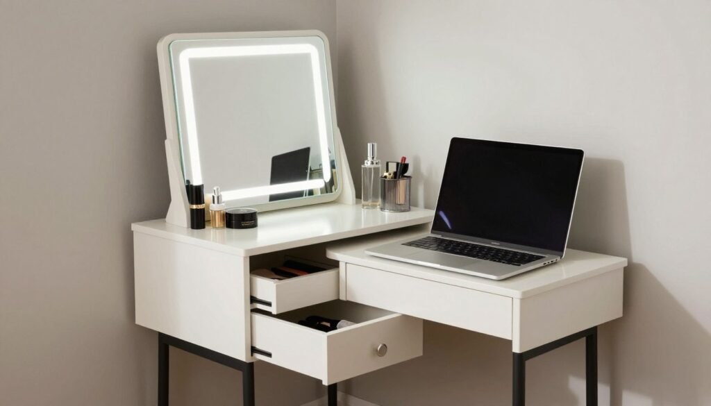 A multi-functional vanity that doubles as a desk or nightstand in a small space