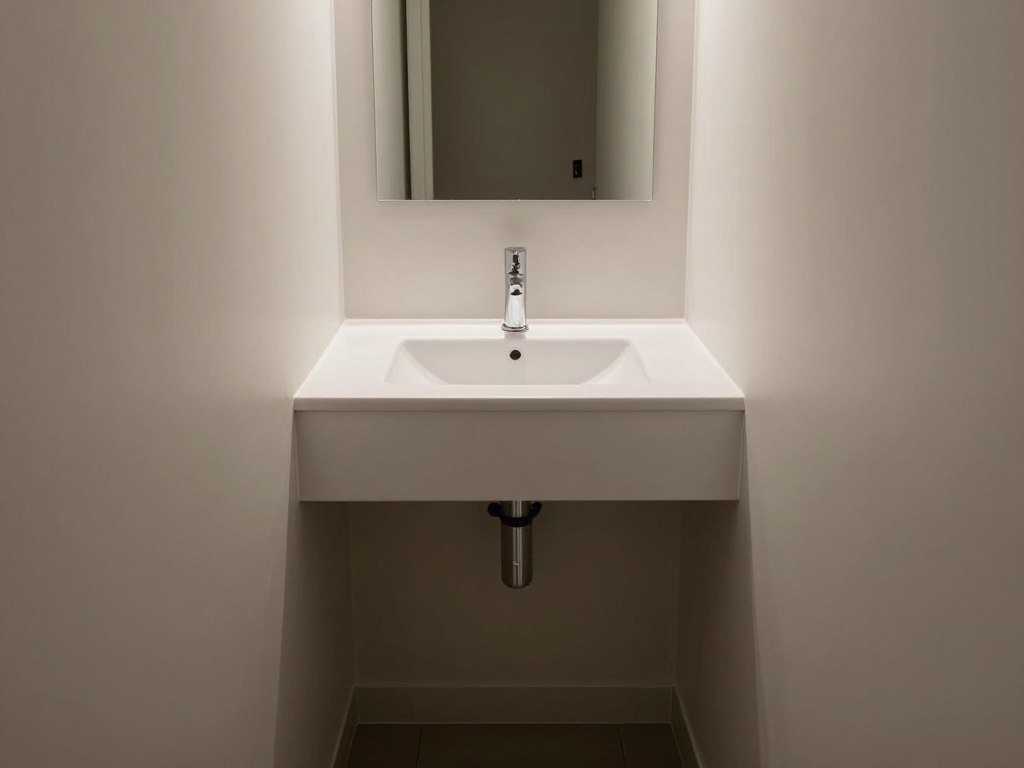 A narrow depth vanity in a small bathroom hallway