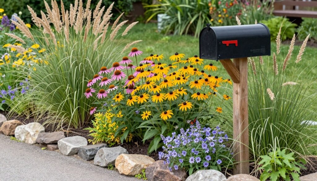 A native plant mailbox garden featuring regional wildflowers, grasses, and natural stone edging attracting butterflies