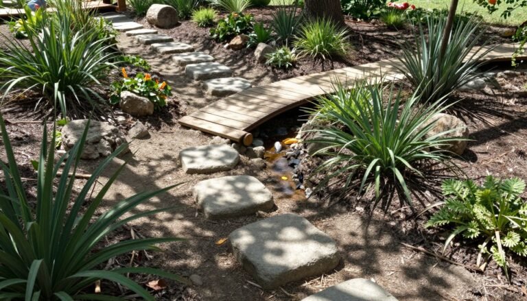 A natural backyard play area with log stepping stones, a small wooden bridge, and native plants for kids to explore