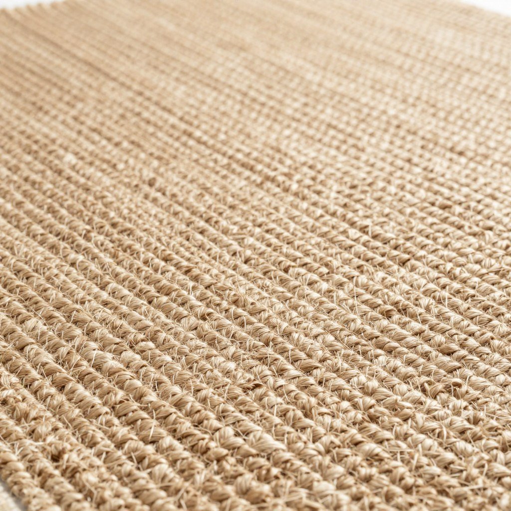 A natural fiber outdoor rug made from jute or sisal with visible natural texture