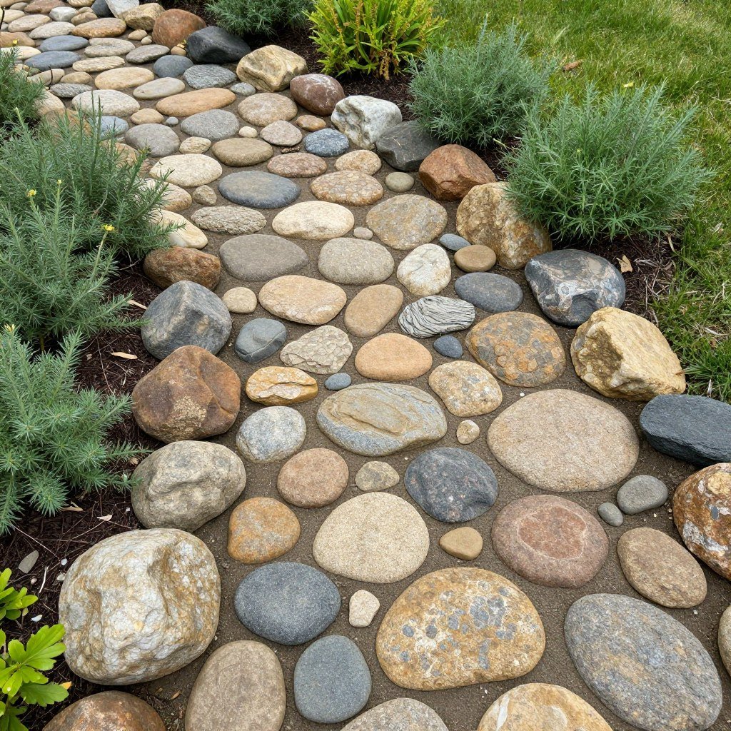 A natural-looking mixed stone border with various sizes and colors of rocks