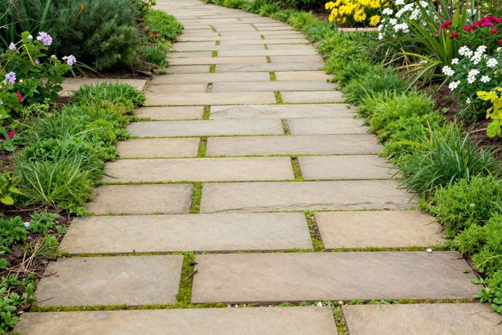 A natural stone pathway with groundcover plants growing between flagstones