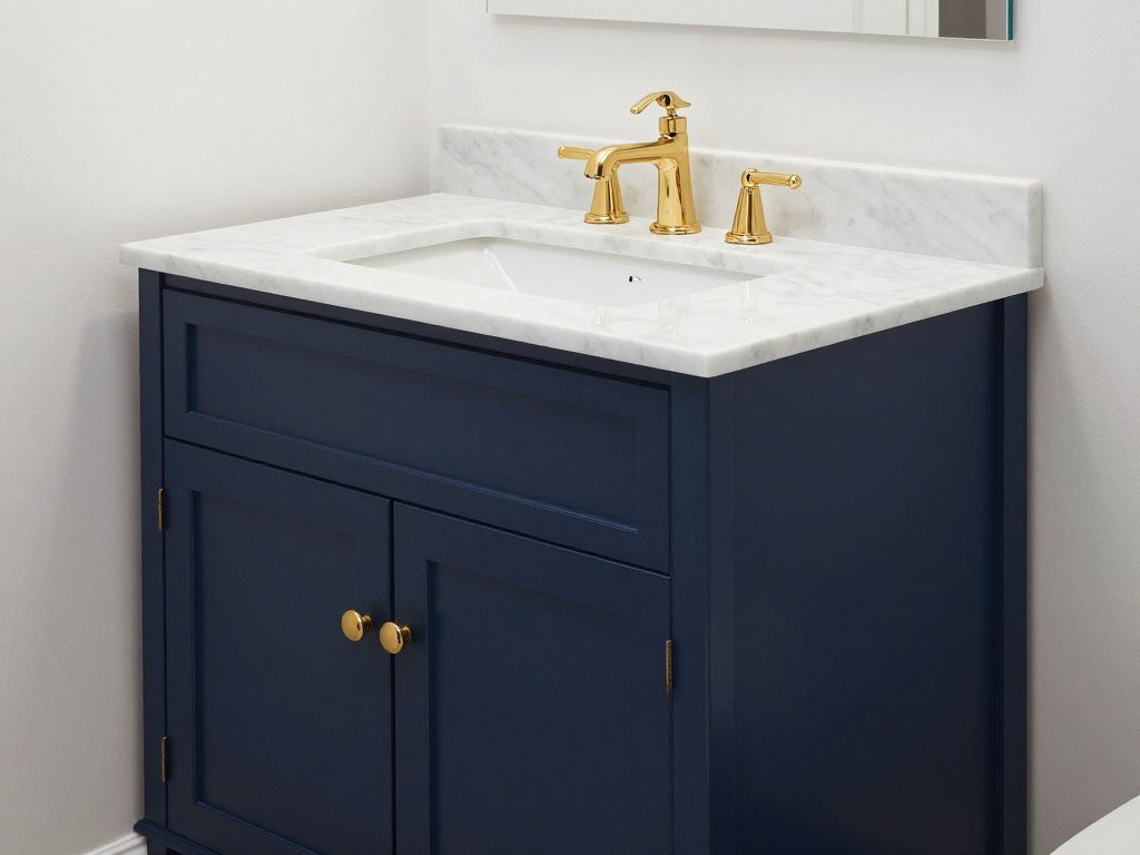 A navy blue bathroom vanity with gold hardware and white marble countertop in a traditional bathroom setting
