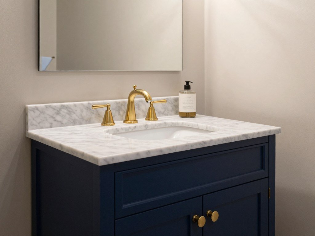 A navy blue bathroom vanity with marble countertop and brass hardware in a transitional bathroom design