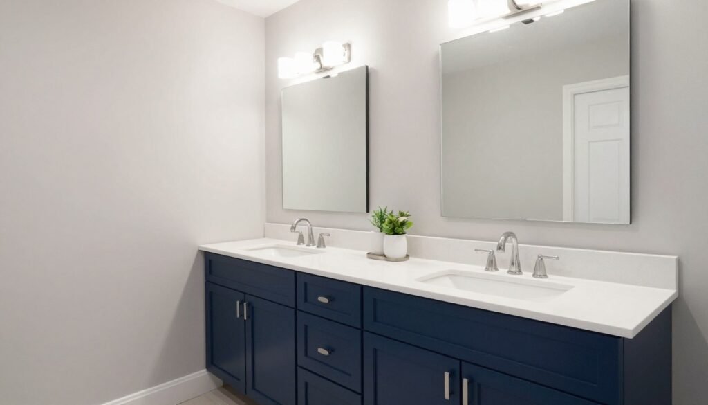 A navy blue double sink bathroom vanity with white countertop and two mirrors