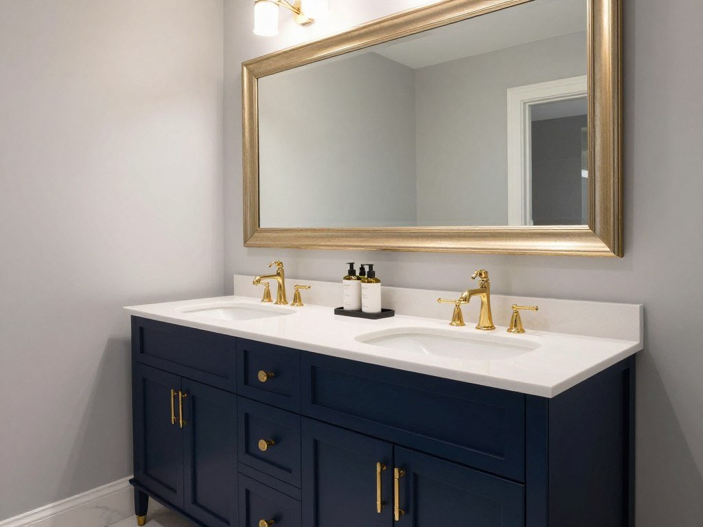 A navy blue double sink bathroom vanity with white quartz countertop and gold hardware