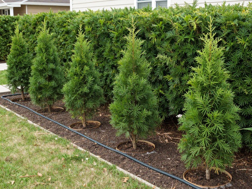 A newly installed privacy hedge with proper spacing and mulching between houses