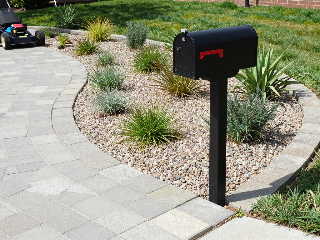 A no-mow mailbox landscape with wide stone border eliminating the need for trimming around the post