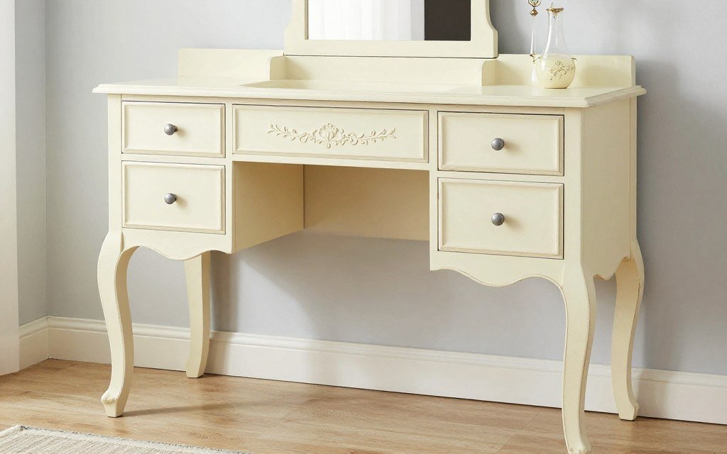 A painted French Provincial vanity with delicate carvings, scalloped apron, and cabriole legs