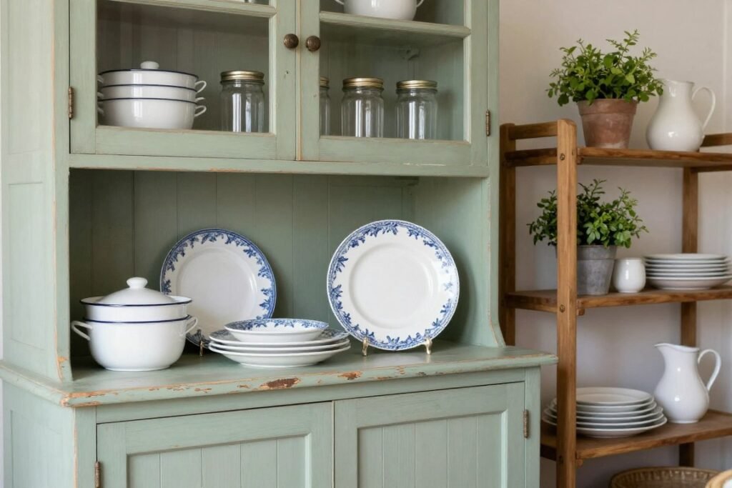 A painted wooden hutch displaying vintage china, mason jars, and ceramic pitchers in a cottage core dining room with open shelving