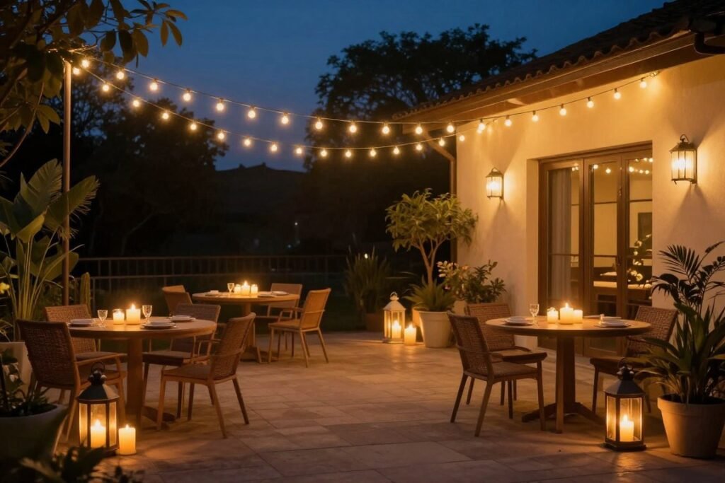 A patio at dusk illuminated by string lights overhead, lanterns, and candles creating a warm glow