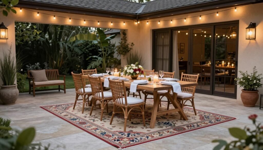 A patio decorated for a special occasion with a themed outdoor rug and coordinating decorations