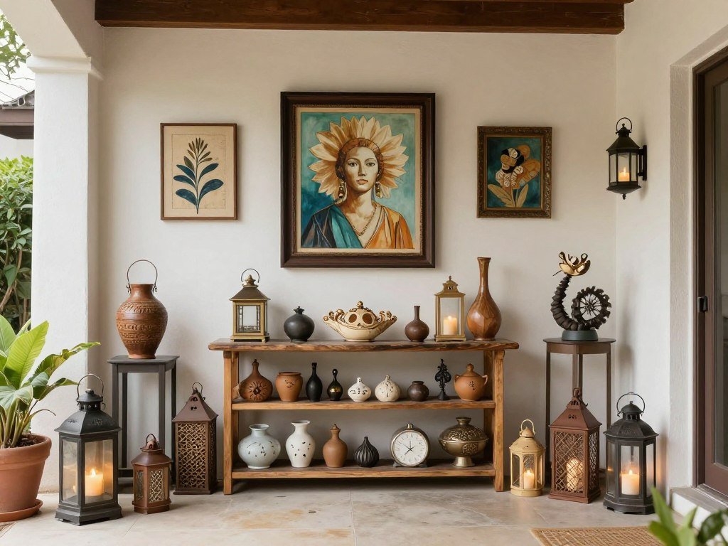 A patio decorated with personal elements like outdoor artwork, collections, and meaningful decorative pieces