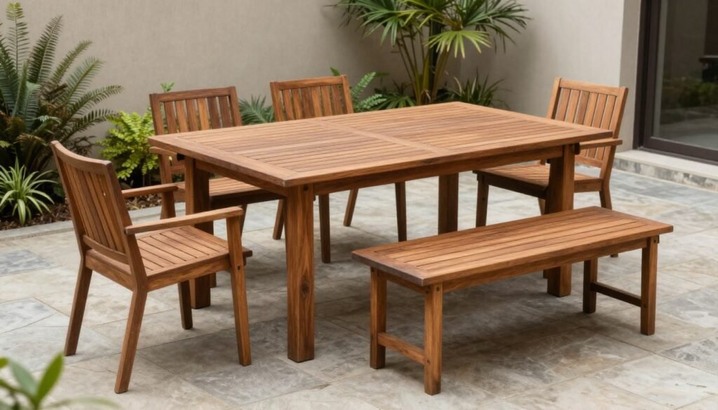 A patio dining set with a mix of chairs and benches for flexible seating arrangements A patio dining set with a mix of chairs and benches for flexible seating arrangements