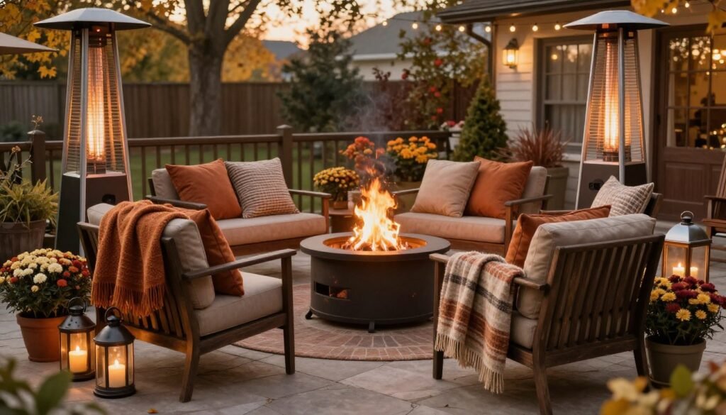 A patio furniture layout adapted for fall with warm textiles and a fire feature
