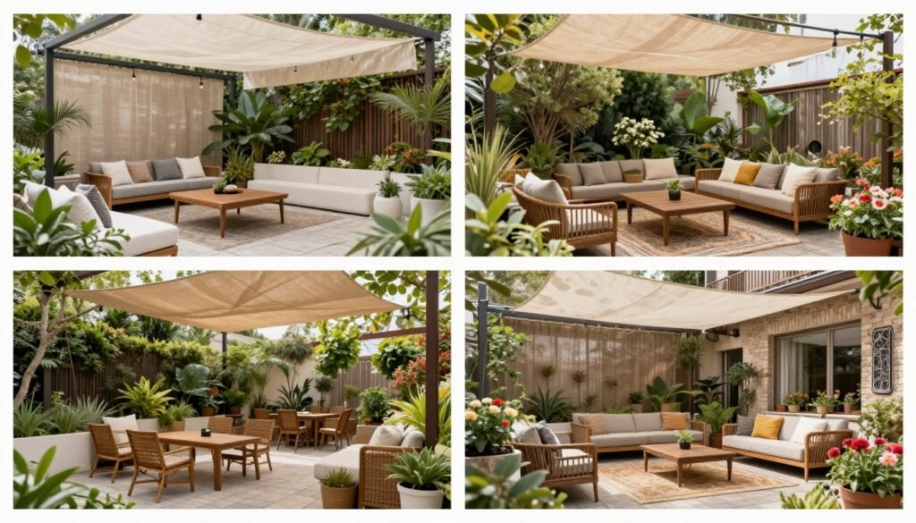 A patio shown in different seasons with adaptable elements for year-round use