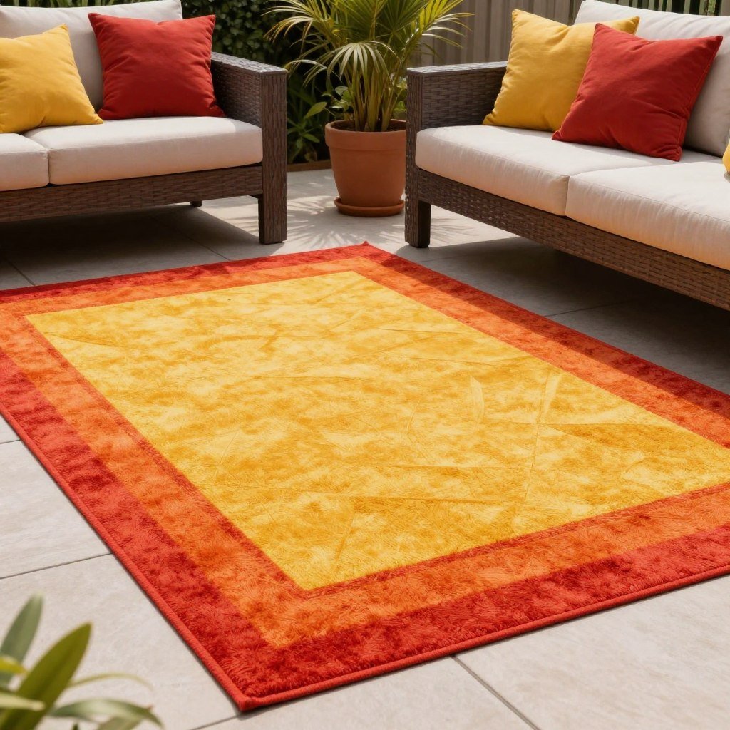 A patio with a vibrantly colored outdoor rug in red, orange, or yellow tones creating an energetic atmosphere