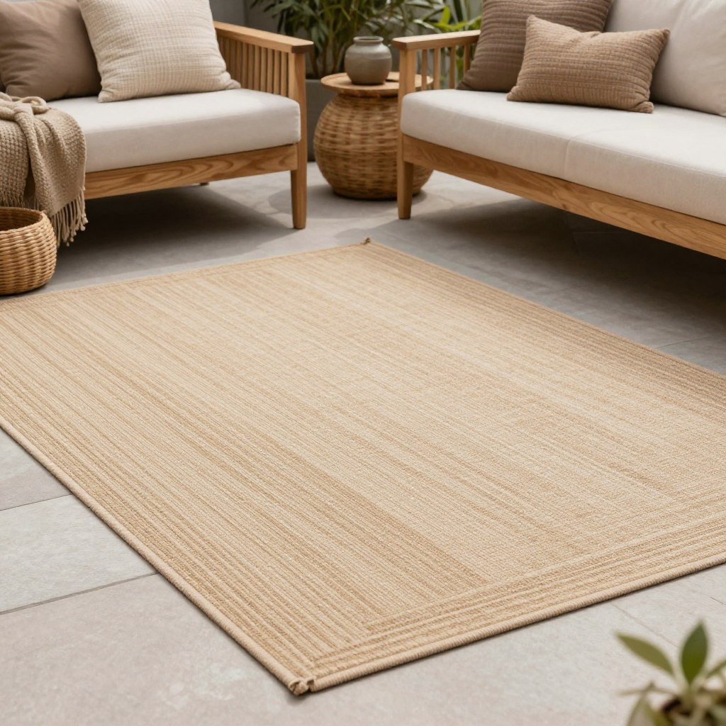A patio with a warm neutral outdoor rug in beige and brown tones creating a cozy, grounded feel