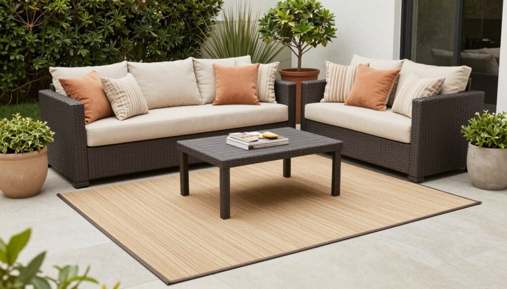 A patio with furniture and accessories in a coordinated color scheme with an outdoor rug that ties everything together